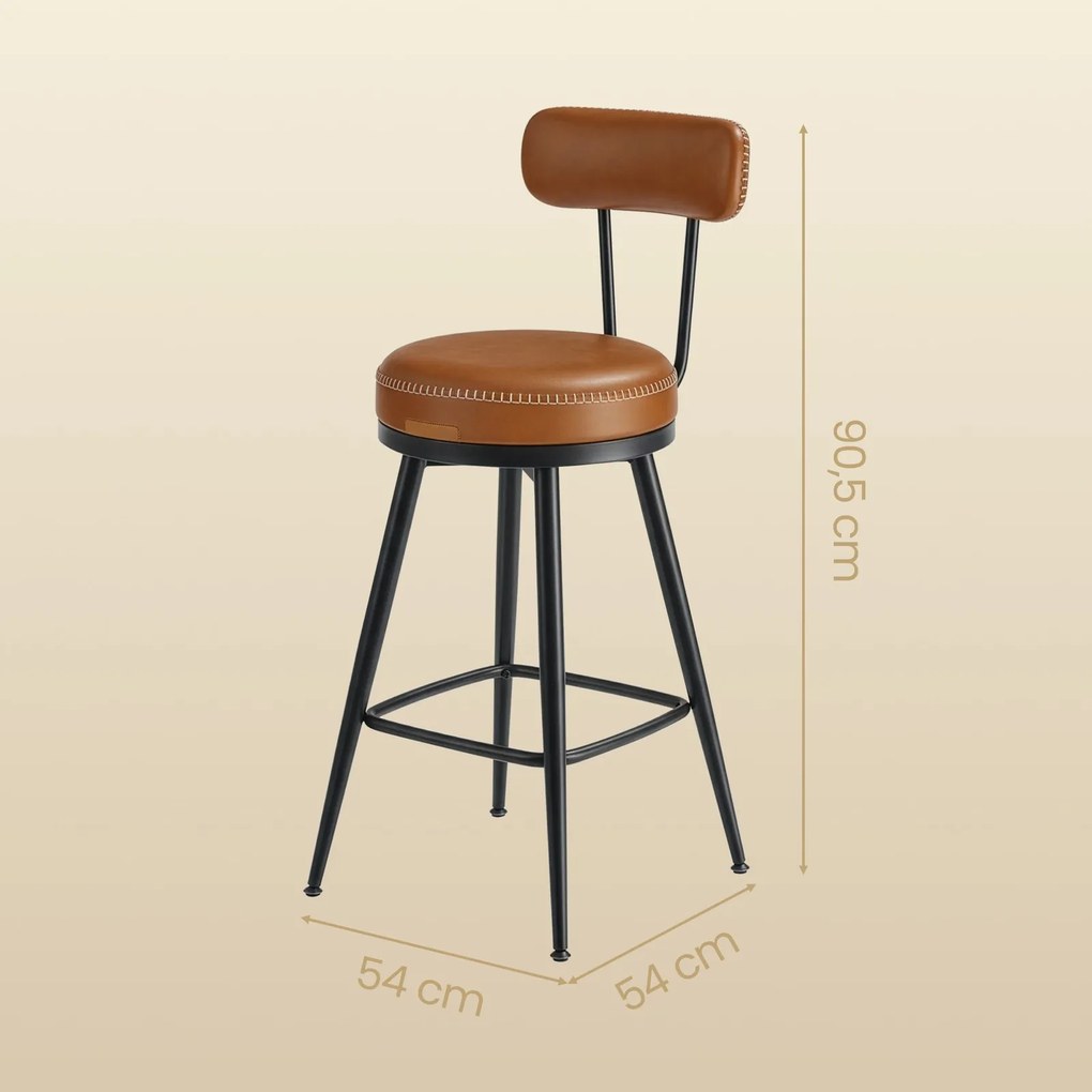 Conjunto de 2 bancos altos giratórios com encosto, couro sintético 54 x 54 x 90,5 cm castanho