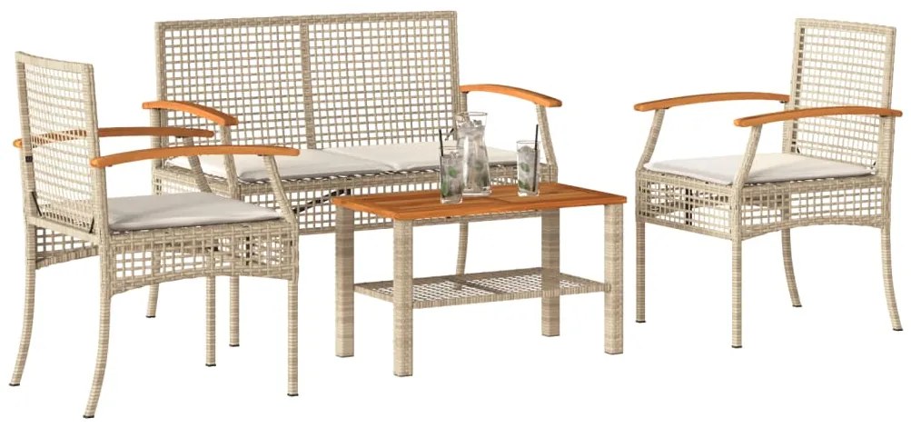 4 pcs conjunto lounge de jardim c/ almofadões vime PE bege