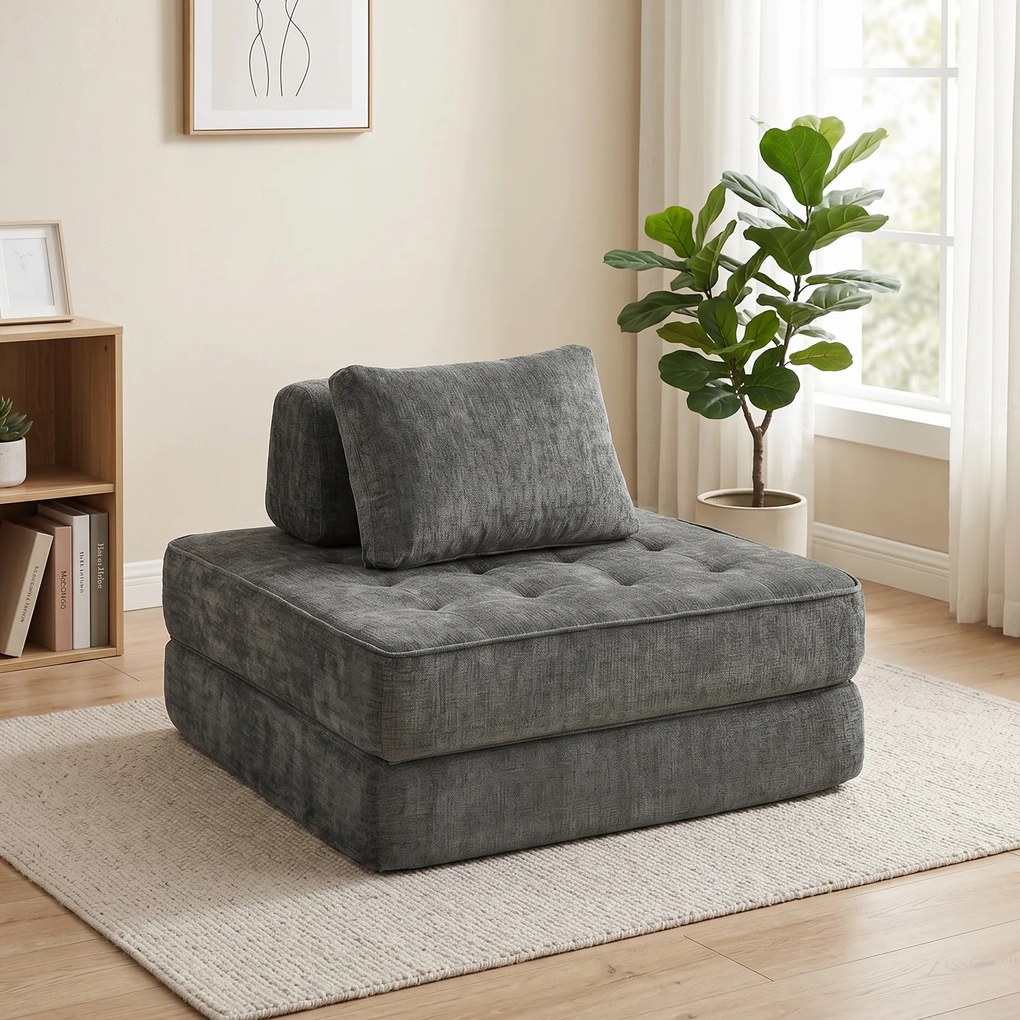 Sofá-cama dobrável 2 em 1, poltrona individual, convertível em chenille, almofada grossa, encosto e almofada de cabeça, cinzento
