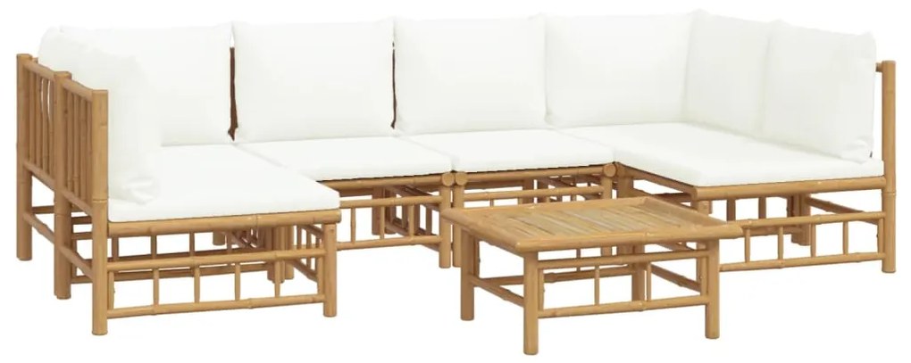 7 pcs conjunto lounge de jardim bambu c/ almofadões branco nata