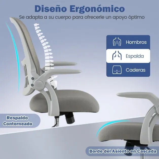 Cadeira de escritório ergonómica com encosto em malha e apoios de braços rebatíveis, ajustável em altura e rodas cinzenta