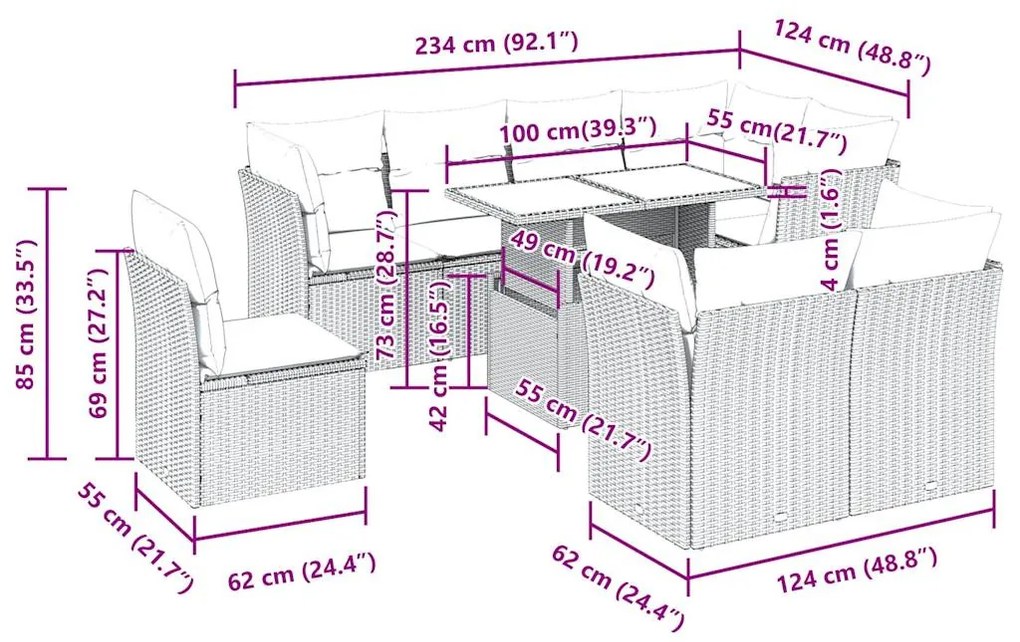 9 pcs conjunto sofás p/ jardim com almofadões vime PE cinzento