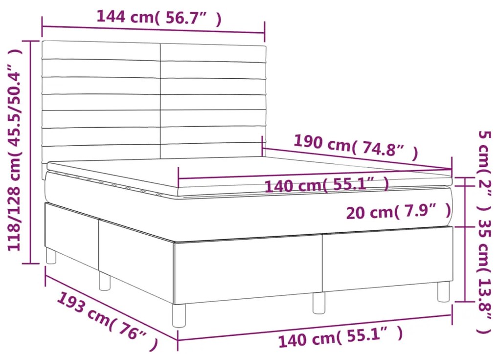 Cama box spring c/ colchão/LED 140x190 cm veludo azul-escuro