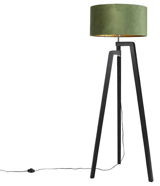 Candeeiro de pé tripé preto com cúpula verde e dourado 50 cm - Puros Country / Rústico