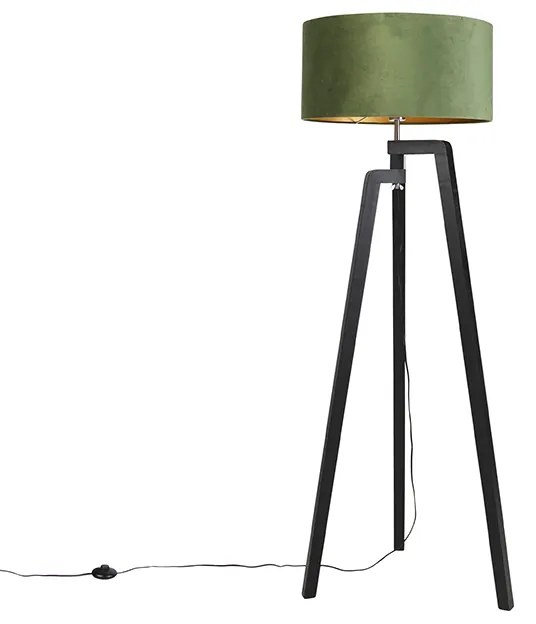 Candeeiro de pé tripé preto com sombra verde e ouro 50 cm - Puros Country / Rústico