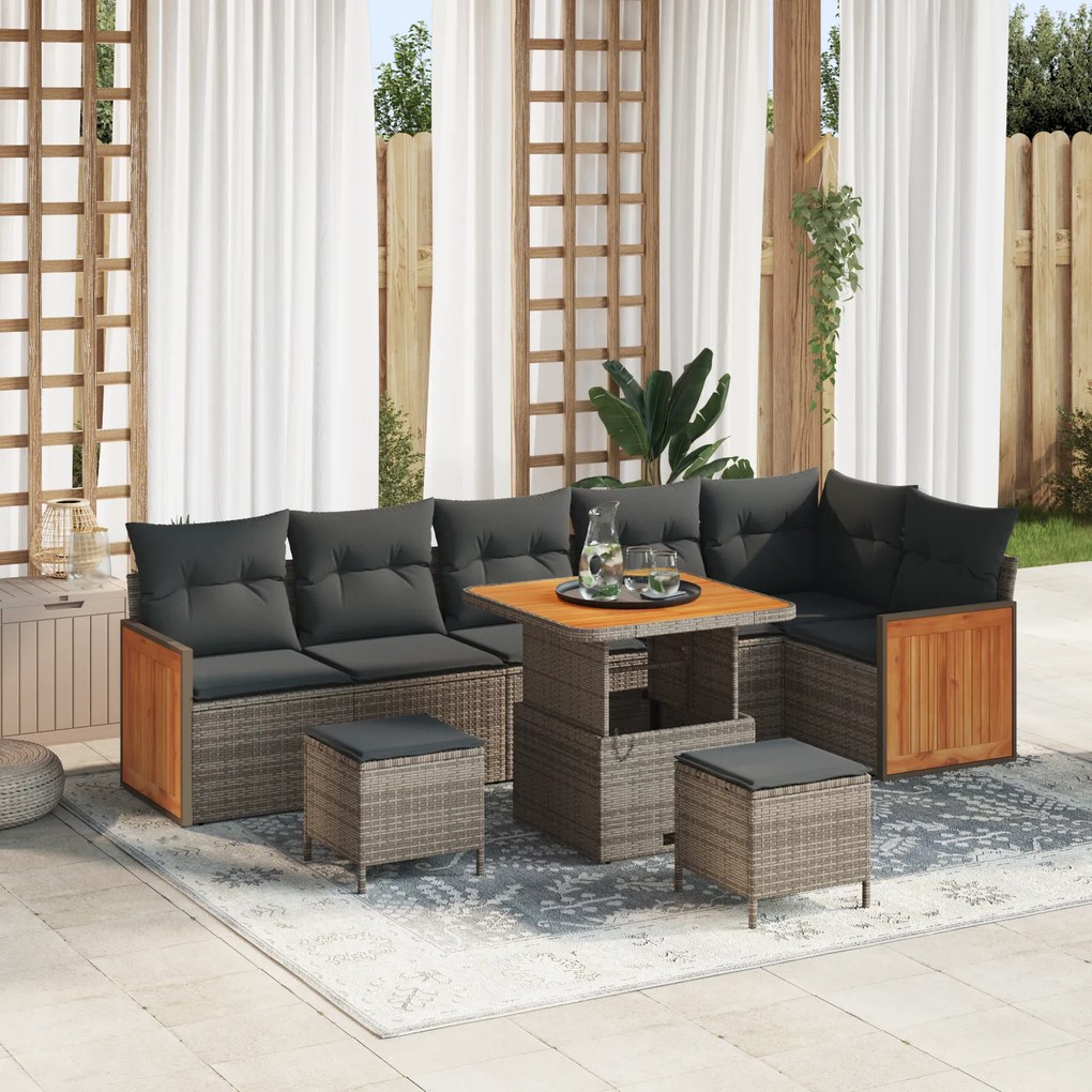 Conjunto de Sofá de Jardim vidaXL 9 Peças com Almofadas Cinzento Rattan Acácia