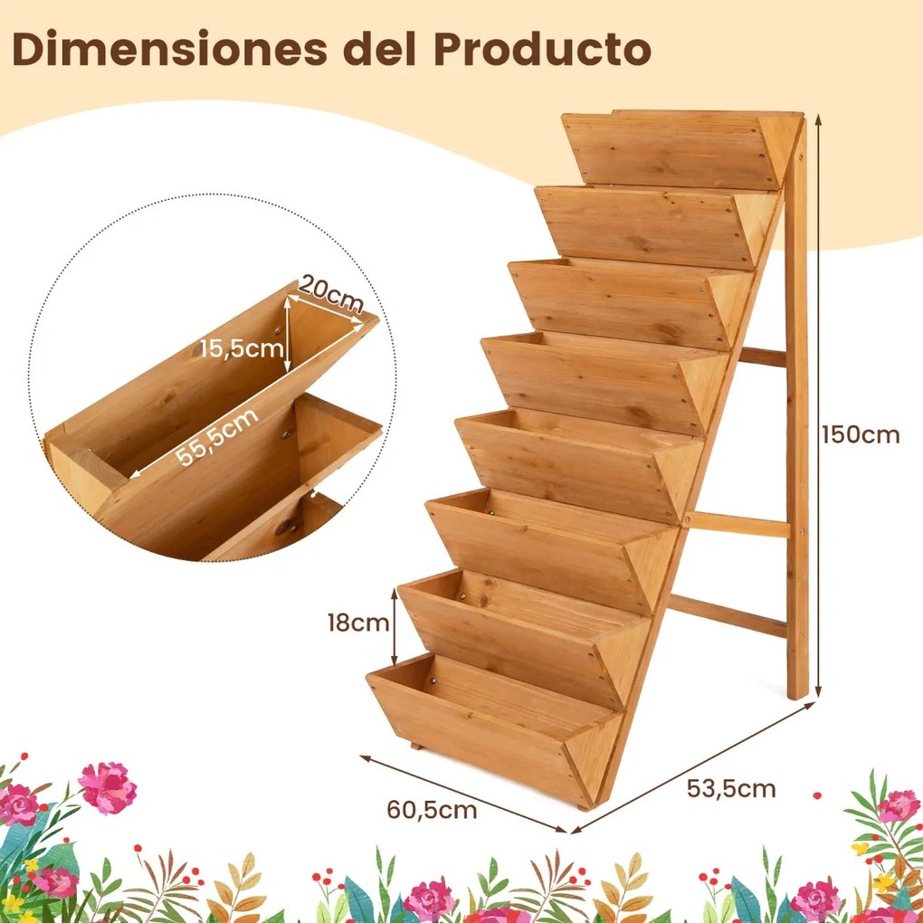 Floreira vertical 101 x 60,5 x 150 cm em degraus de madeira de abeto com 8 vasos para ervas aromáticas, legumes e flores – terraço, varanda, madeira