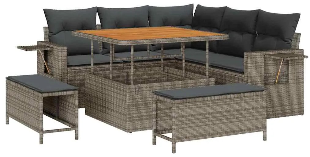Conjunto de Sofá de Jardim de 8 Peças com Almofadas Cinza Rattan Poly