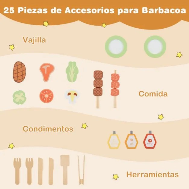 Churrasqueira de madeira para crianças 53 x 36 x 63 cm para fingir cozinhar alimentos com acessórios para churrasco Natural