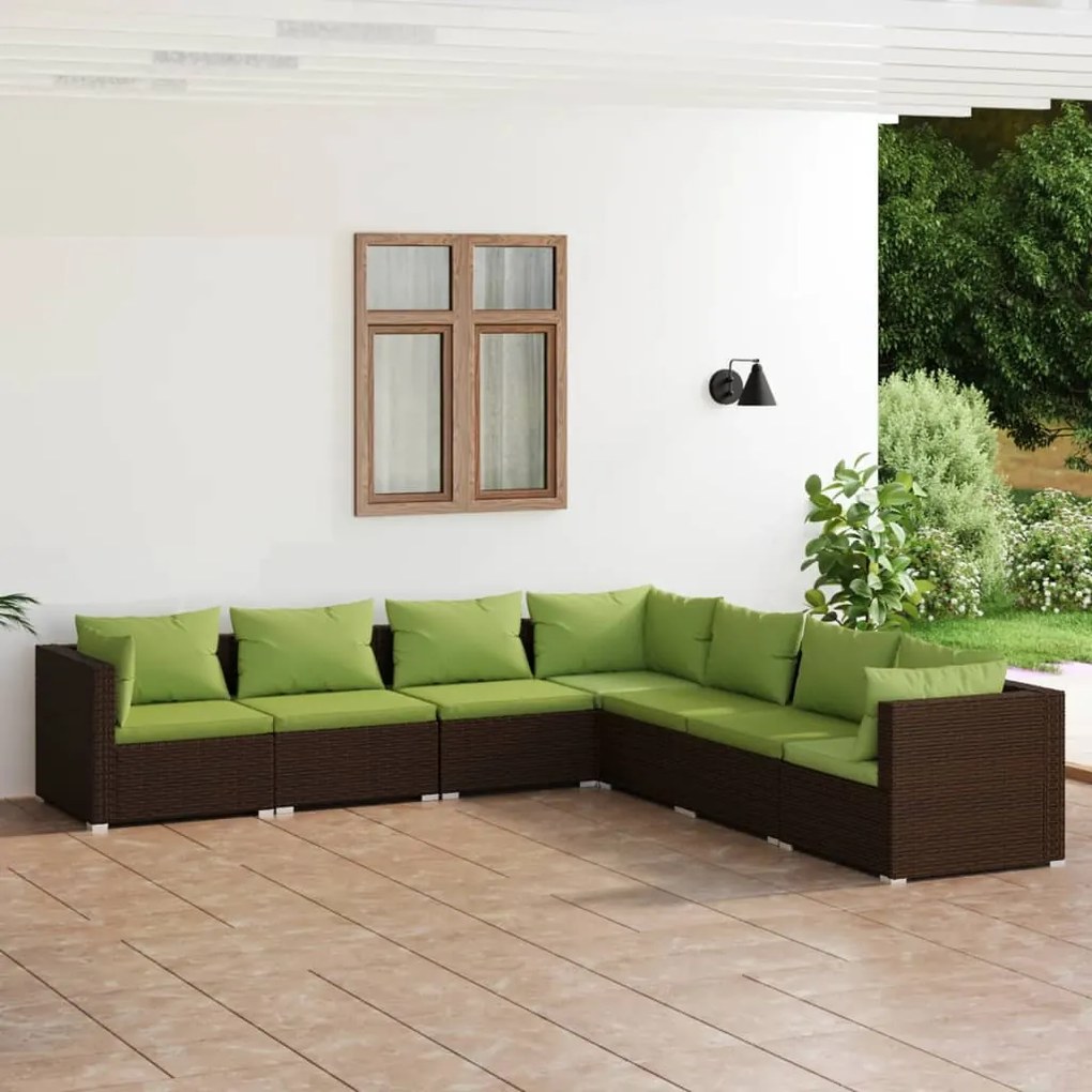 7 pcs conjunto lounge de jardim c/ almofadões vime PE castanho