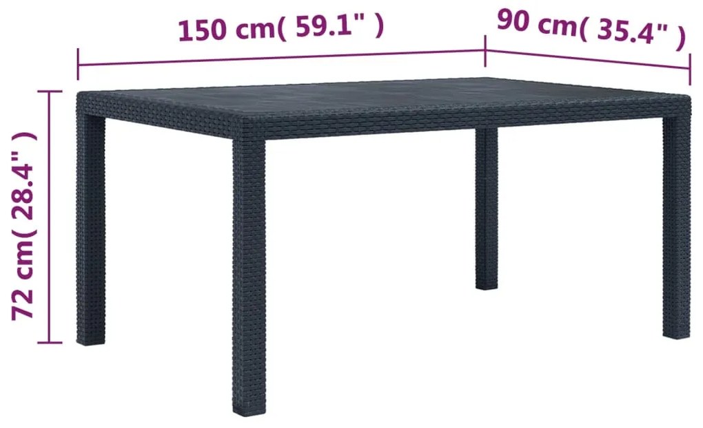 Mesa jardim 150x90x72 cm plástico antracite com aspeto de vime