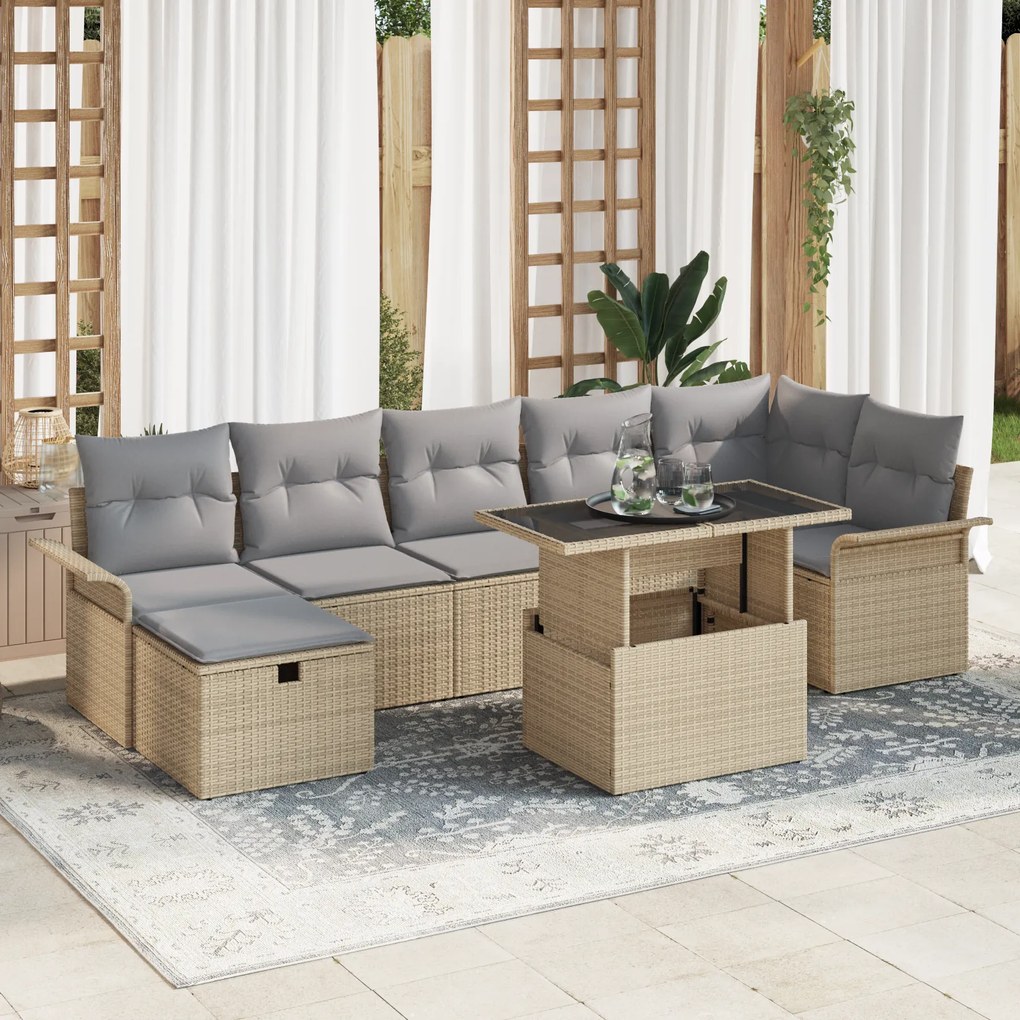 Conjunto de Sofá para Jardim de 8 Peças com Almofadas Bege Vime PE