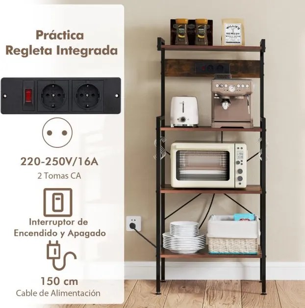 Armário de cozinha com tomadas Estante de micro-ondas de 4 níveis com 8 ganchos 59 x 34 x 136 cm Castanho