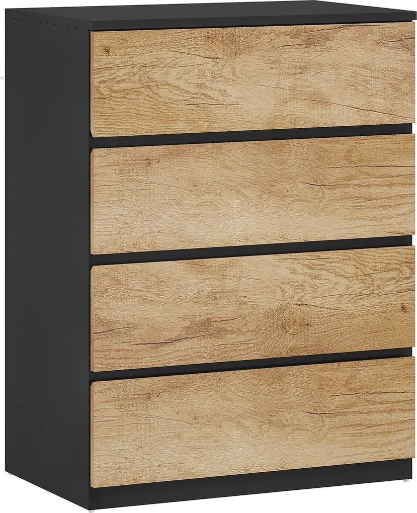 HOMCOM Gaveteiro 4 Gavetas em Madeira com Trilhos de Metal e Puxadores Ranhurados, 60x40x80 cm, Preto e Carvalho | Aosom Portugal