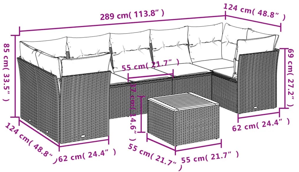 8 pcs conjunto sofás de jardim com almofadões vime PE preto