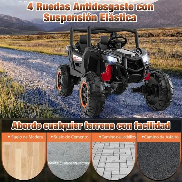 Carro elétrico 24V para crianças 4WD/2WD 4x100W Motores Comando à distância Arranque suave Suspensão com molas Música 2 lugares 3+anos Preto