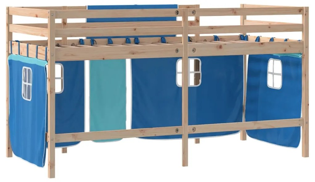 Cama alta p/ criança c/ cortinas 90x190 cm pinho maciço azul