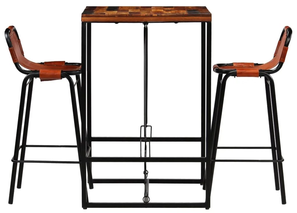 Conjunto de bar 3 pcs madeira recuperada + couro cabra genuíno