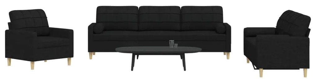 3 pcs conjunto de sofás com almofadas decorativas tecido preto