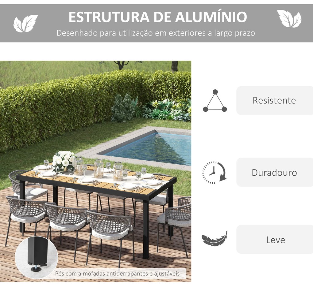 Mesa de Jardim Retangular Mesa de Exterior para 8 Pessoas com Bancada de Ripas e Estrutura de Alumínio para Terraço Balcão 190x90x74cm Natural e Preto