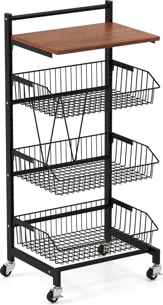 Carrinho de arrumação de cozinha de 4 níveis com rodas Altura ajustável e cestos amovíveis 40 x 31 x 88 cm Preto/castanho