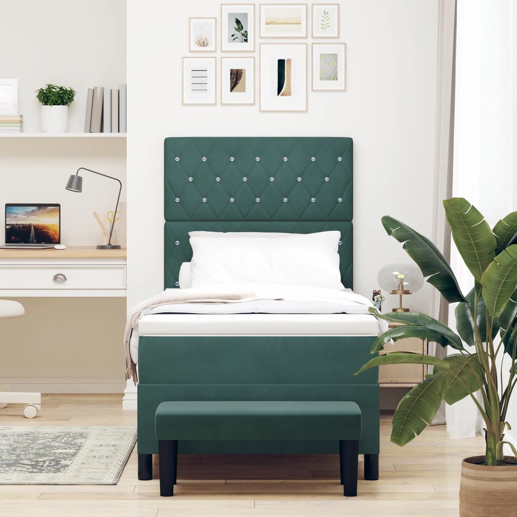 Cama Box Spring com Colchão e Banco Verde Escuro 90x200 cm Veludo