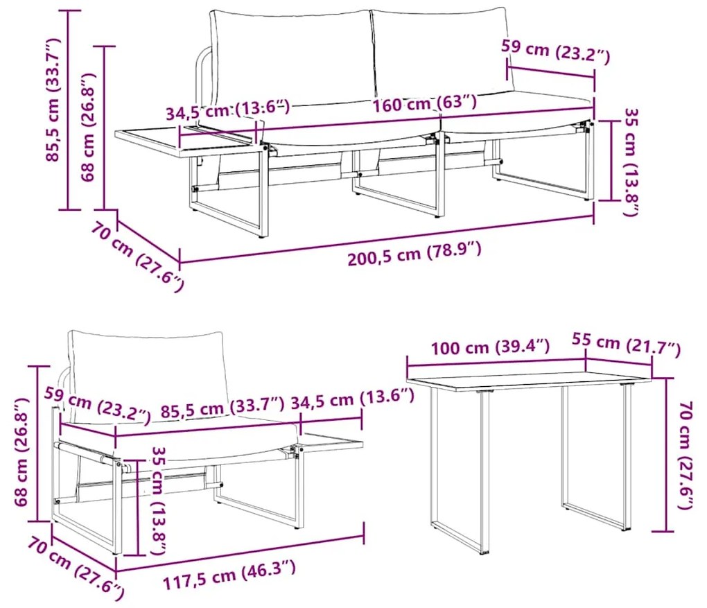 Conjunto de Jantar de Jardim de 3 Peças vidaXL com Almofadas Cinza Cla