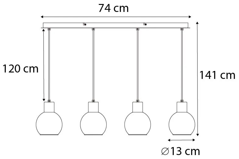 Candeeiro suspenso Art Déco preto com vidro fumê alongado 4 luzes - Vidro Art Deco