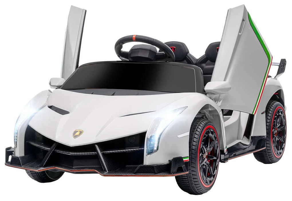 HOMCOM Carro Elétrico Lamborghini 12V Velocidade Máxima 7 km/h com Controlo Remoto MP3 Luzes e Cinto de Segurança 111x61x45 cm Branco