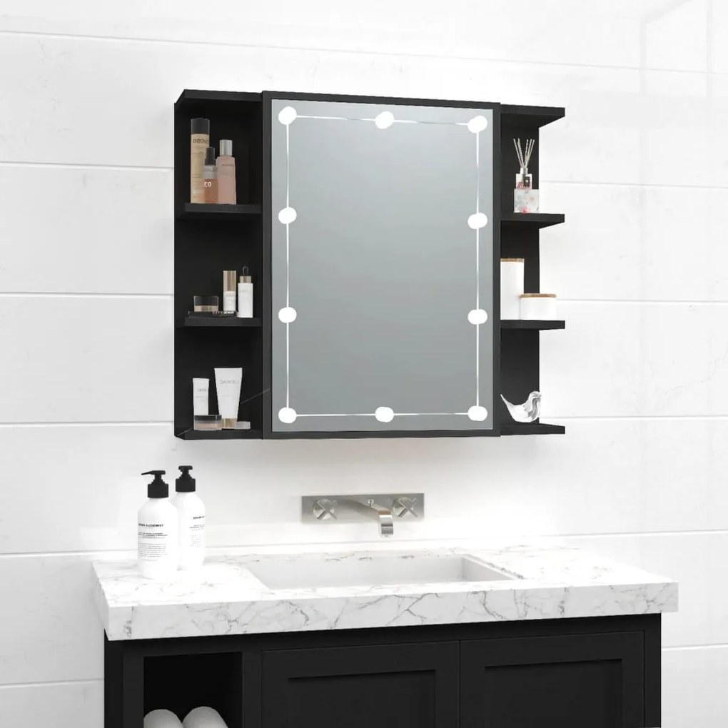 vidaXL Armário espelhado com luzes LED 70x16,5x60 cm preto