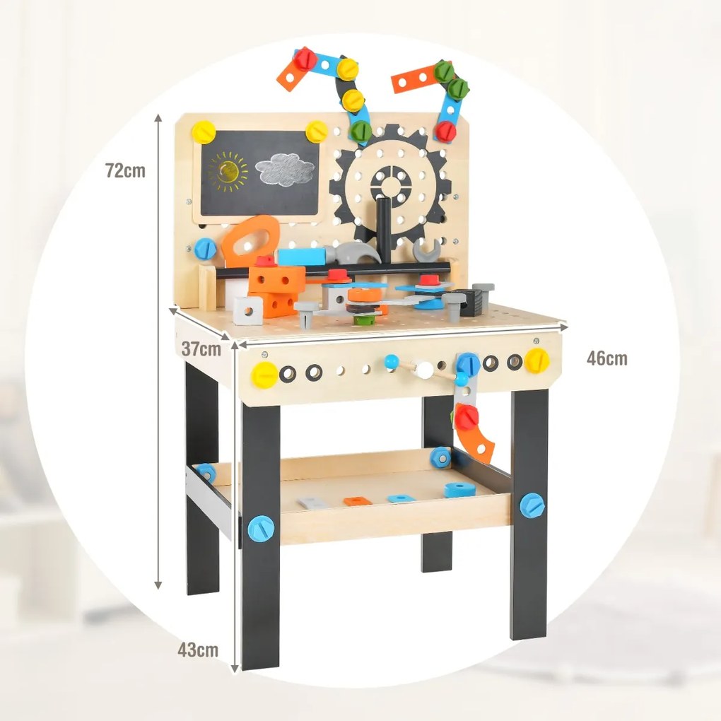 Bancada de ferramentas crianças 46 cm x 37 cm x 72 cm com conjunto de ferramentas Acessórios Quadro branco Estante suspensa multicolorida