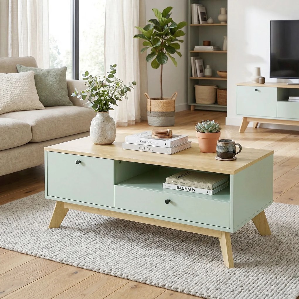 Mesa de centro, 100 x 50 x 40 cm retangular com gaveta, porta e compartimento aberto, verde claro e cor carvalho