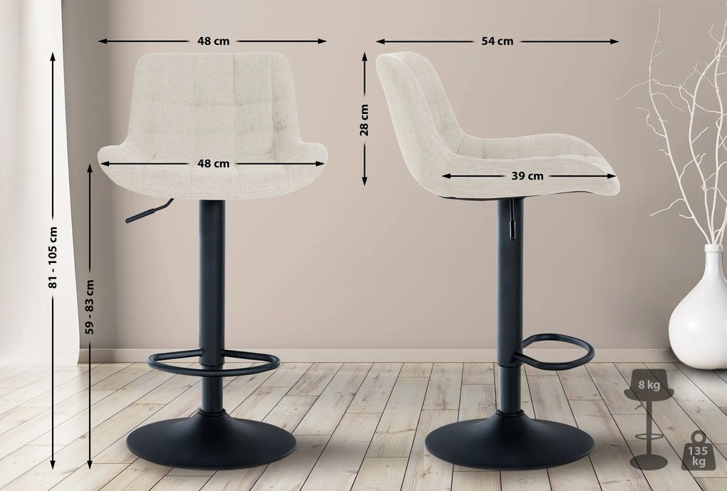 Conjunto de 2 bancos de bar Tover em tecido e com estrutura preta 48 x 81-105 x 54 cm Creme