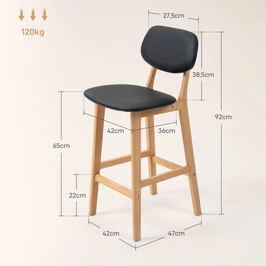 Conjunto de 2 bancos de bar, cadeiras altas, revestimento sintético com encosto e pernas em madeira, preto
