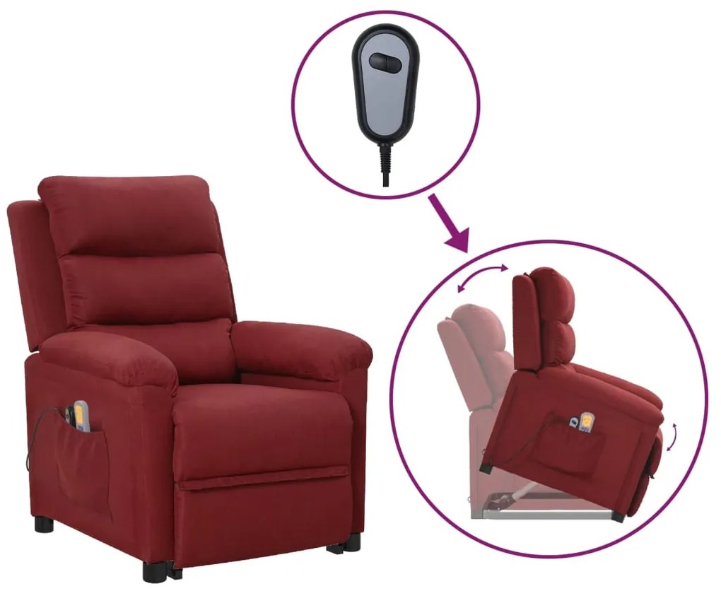 vidaXL Poltrona elevatória de massagens tecido vermelho tinto