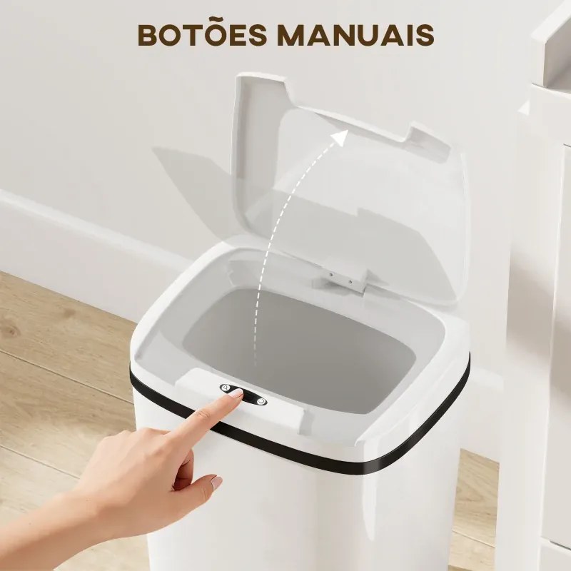 Caixote de Lixo Automático 15L com Sensor Infravermelhos e Modo Manual Anel de Retenção Antimarcas 27,6x21,4x33,5 cm Branco