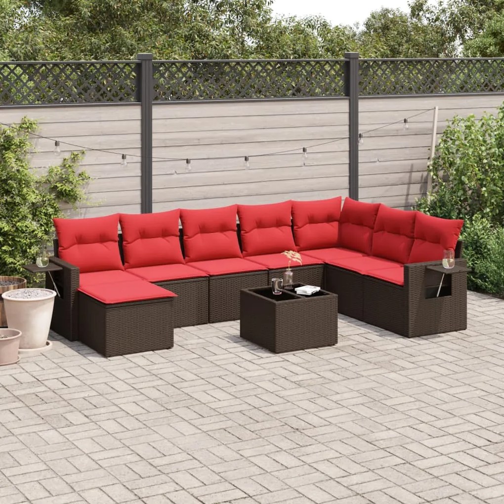 vidaXL 9 pcs conjunto sofás p/ jardim c/ almofadões vime PE castanho
