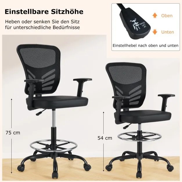 Cadeira de escritorio ergonómica Altura do assento 54-75 cm giratória alta com apoios de braços rebatíveis Preto
