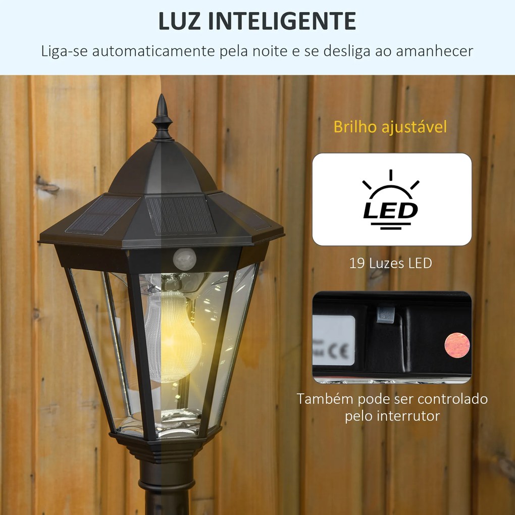 Candeeiro Solar de Exterior com Ligar e Desligar Automático Resistente às Intempéries, Estrutura de Alumínio IP44 22x22x194 cm Preto