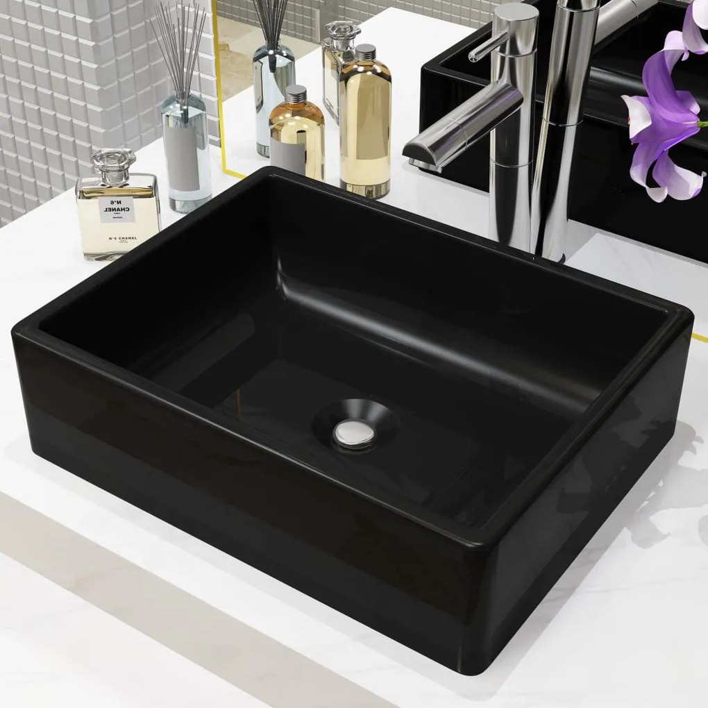 142734 vidaXL Lavatório retangular em cerâmica preto 41x30x12 cm