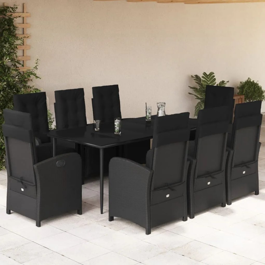 9 pcs conjunto de jantar p/ jardim c/ almofadões vime PE preto