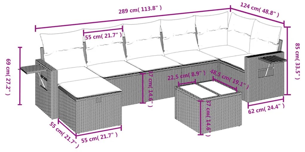 8 pcs conjunto de sofás p/ jardim com almofadões vime PE bege