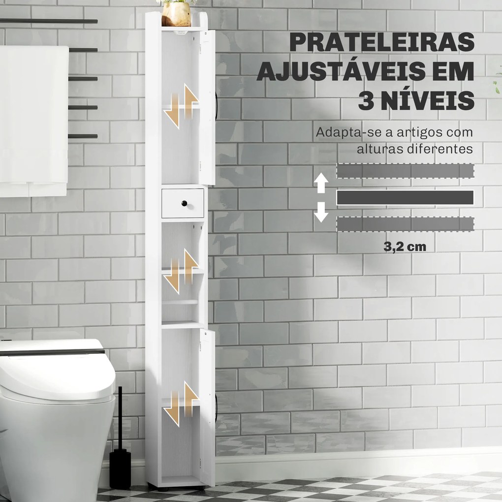 Coluna Casa de Banho com Compartimento Aberto Prateleiras Ajustáveis e Suporte para Papel Higiênico 20x20x185 cm Branco