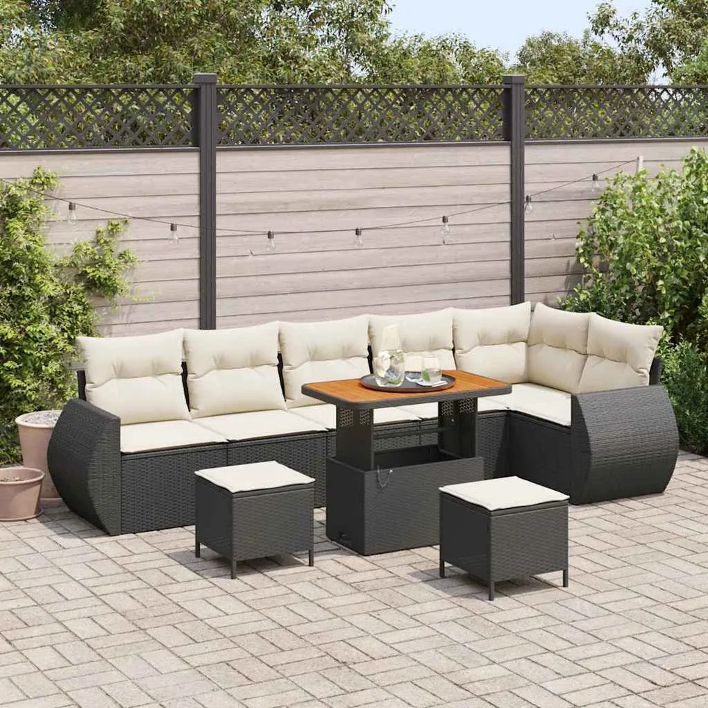 vidaXL Conjunto de Sofá de Jardim com almofada 9 pcs Preto e Creme