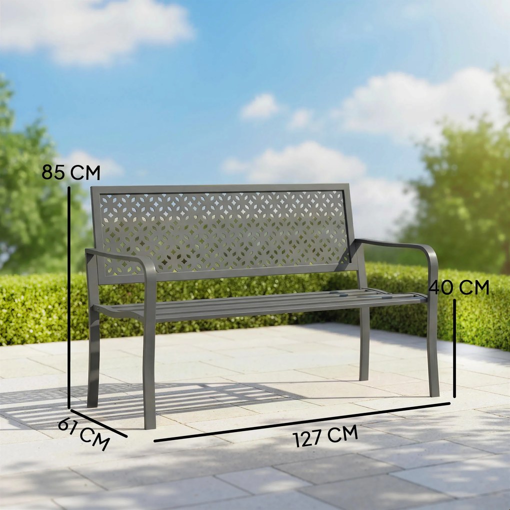 Banco de jardim em metal 127 x 61 x 85 cm, para duas pessoas, com encosto geométrico resistente à ferrugem e braços, cinzento