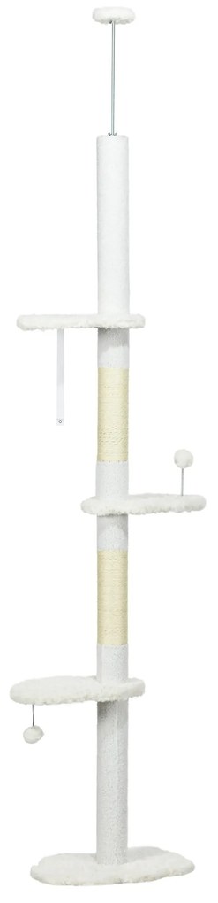 PawHut Arranhador Gatos Chão Teto Altura Ajustável 3 Plataformas Design Nuvem Confortável 48x32x225-255 cm Branco | Aosom Portugal