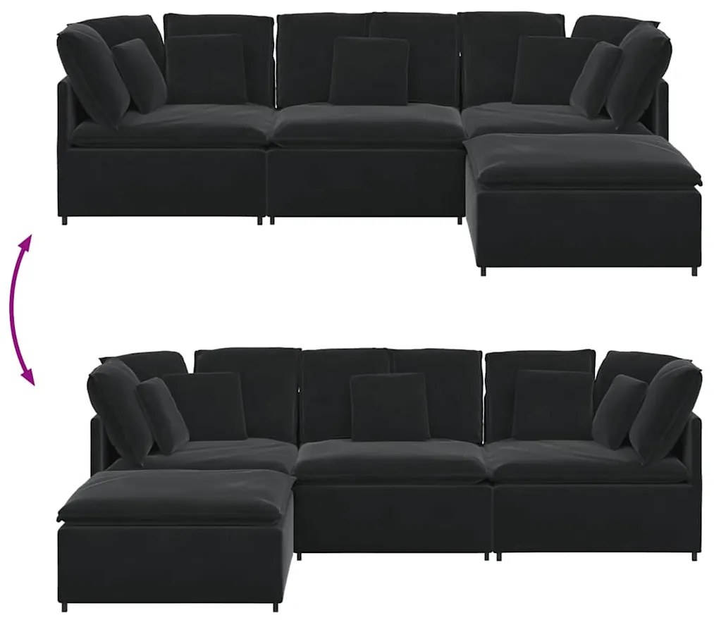 Sofá modular com pufes e almofadas veludo preto