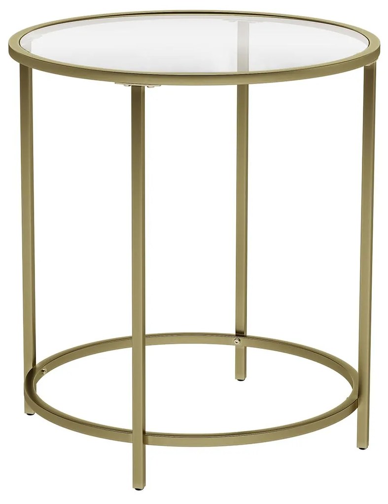 Mesa lateral redonda VASAGLE, mesa lateral de vidro temperado com estrutura de metal dourado, mesa de centro pequena, mesa de cabeceira, sala de estar, varanda, robusta e estável, decorativa, dourada LGT20G