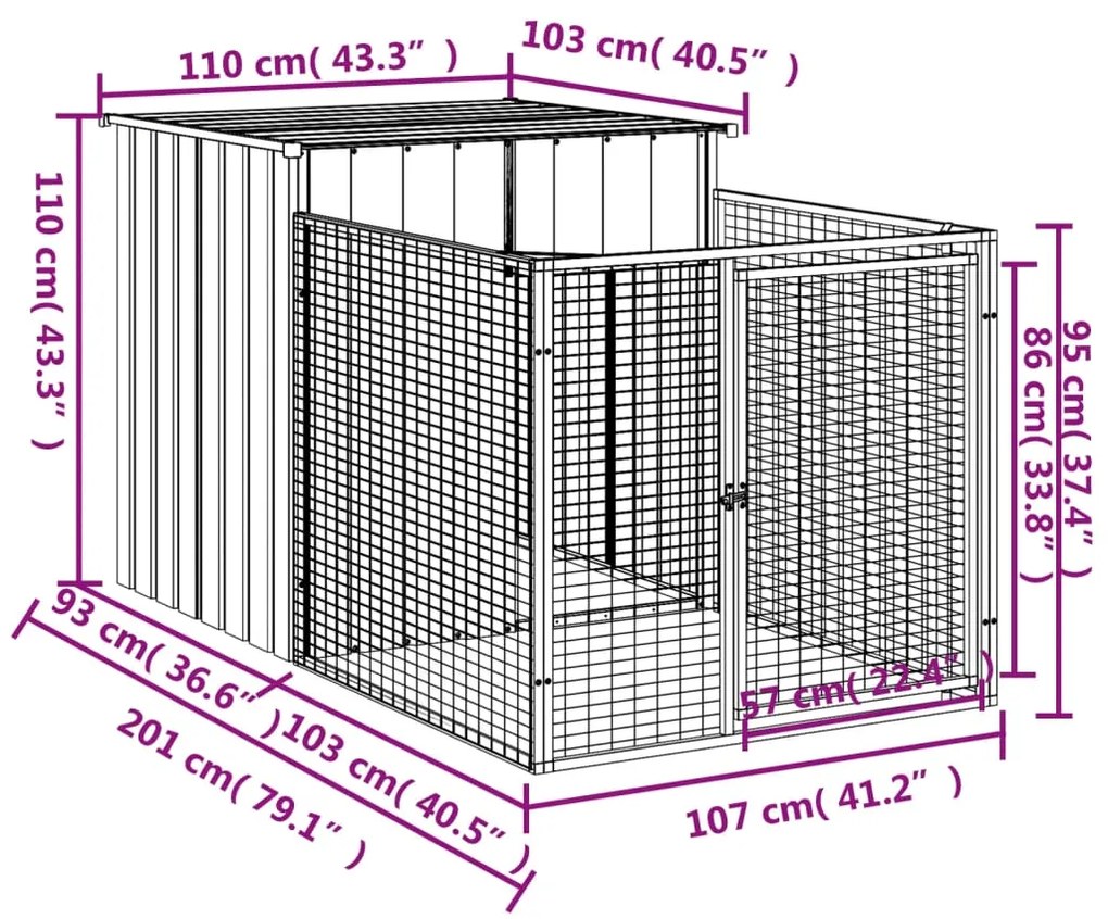 Casota para cães com parque aço galvanizado cinzento-claro