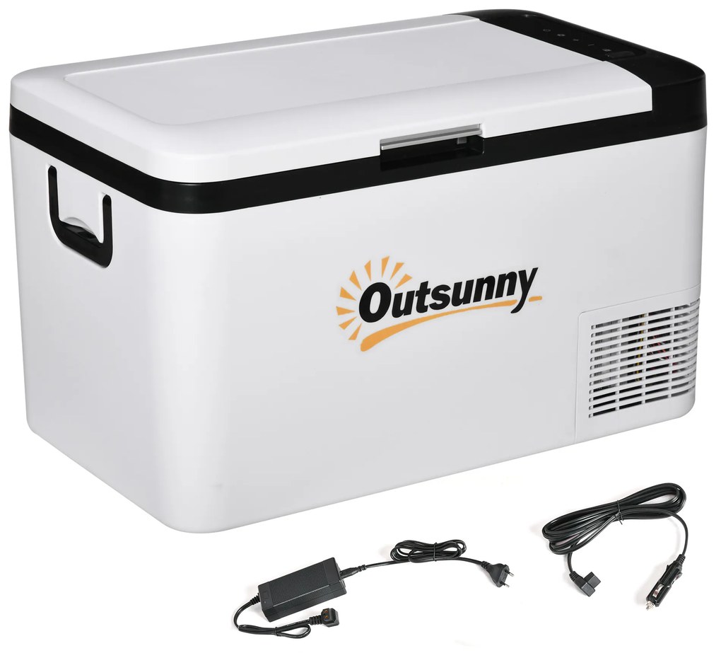 Outsunny Geleira Elétrica Compressor Portátil 25L -20℃ Luz LED Alças Dobráveis Viagem Camping 58,5x33,5x35,2cm Branco | Aosom Portugal